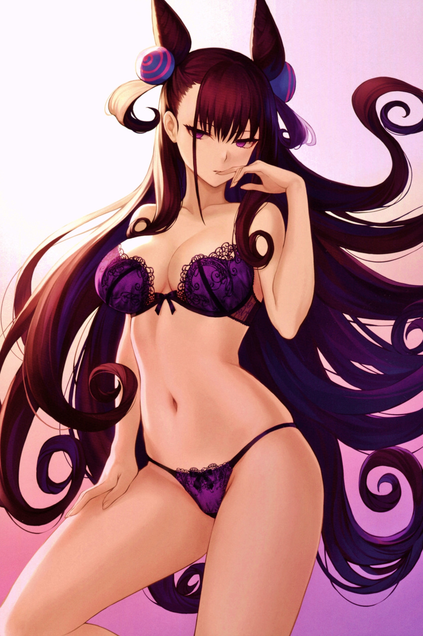 1girl absurdres bangs bare_shoulders bra breasts brown_hair cleavage collarbone contrapposto curly_hair expressionless fate/grand_order fate_(series) finger_to_mouth floating_hair gradient gradient_background groin hair_between_eyes hair_ornament hand_on_own_thigh hand_up highres hip_focus lace lace-trimmed_bra lace-trimmed_panties large_breasts lingerie long_hair looking_at_viewer mashuu_(neko_no_oyashiro) murasaki_shikibu_(fate) navel panties purple_bra purple_eyes purple_panties scan sidelocks simple_background skindentation stomach thighs underwear very_long_hair