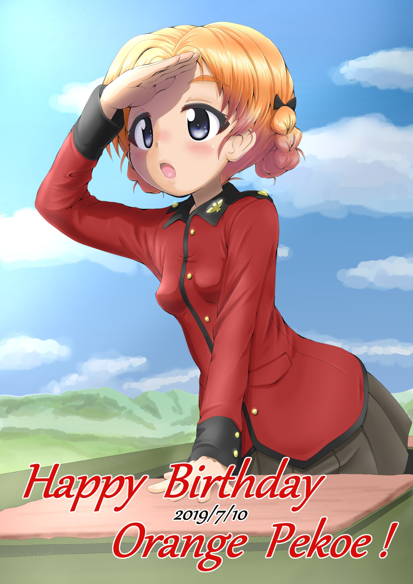 1girl :o absurdres arm_support bangs black_bow black_skirt blue_eyes blue_sky bow braid character_name cloud cloudy_sky commentary dated daxz240r english_text epaulettes girls_und_panzer hair_bow happy_birthday highres insignia jacket leaning_forward light_blush long_sleeves looking_to_the_side military military_uniform open_mouth orange_hair orange_pekoe outdoors parted_bangs pleated_skirt red_jacket shading_eyes short_hair skirt sky solo st._gloriana's_military_uniform standing tied_hair twin_braids uniform