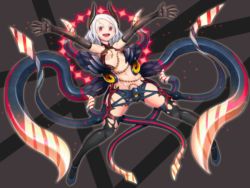 1girl :d breasts commentary_request elbow_gloves extra_eyes fang full_body gloves highres horns looking_at_viewer nona-pe open_mouth original outstretched_arms red_eyes shiny shiny_skin short_hair skindentation small_breasts smile solo tattoo tentacles thighhighs white_hair