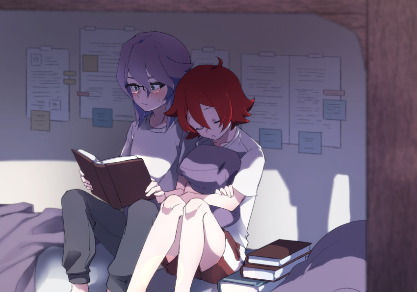 2girls alternate_costume bed bed_frame bed_sheet bedroom blush book chihiri couple croix_meridies embarrassed glasses green_eyes head_on_another's_shoulder legs little_witch_academia multiple_girls open_mouth pants paper pillow pillow_hug poster_(object) purple_hair reading red_hair shiny_chariot shirt short_hair shorts sitting sleeping surprised thighs wavy_hair white_shirt yuri