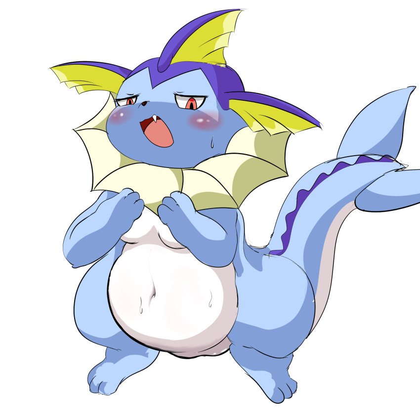 1:1 2019 3_toes black_nose blue_countershading blue_skin blush bodily_fluids breasts countershade_tail countershade_torso countershading covering covering_breasts eeveelution fangs female feral fin frill_(anatomy) hi_res looking_at_viewer membrane_(anatomy) membranous_frill mohurin navel neck_frill nintendo open_mouth pale_skin pok&eacute;mon pok&eacute;mon_(species) pussy red_eyes semi-anthro simple_background slightly_chubby solo sweat toes vaporeon video_games white_countershading