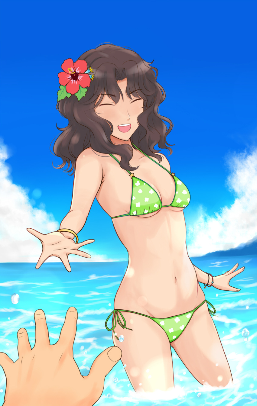 1girl :d amagami bikini blue_sky bracelet breasts brown_hair cleavage closed_eyes cloud collarbone cowboy_shot curly_hair day eyebrows_visible_through_hair flower green_bikini green_ribbon groin hibiscus highres jewelry long_hair medium_breasts ocean open_mouth outdoors outstretched_arm outstretched_hand pov print_bikini reaching_out red_hair ribbon shiny shiny_hair side-tie_bikini sideboob sky smile swimsuit takemi_kaoru tanamachi_kaoru wading