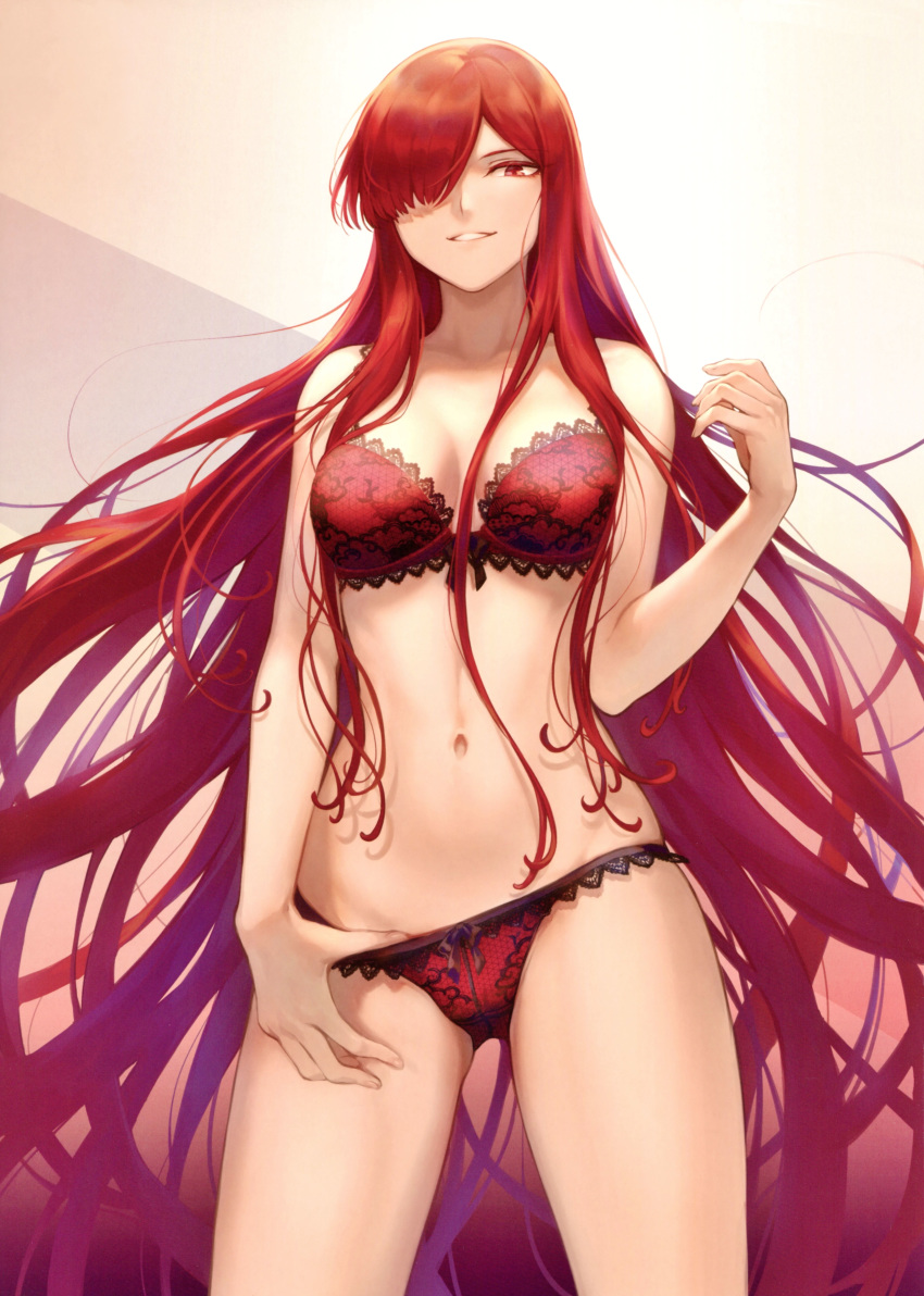 1girl absurdres bangs bare_shoulders bra breasts cleavage collarbone fate/grand_order fate_(series) gradient gradient_background grin hair_over_one_eye highres lace lace-trimmed_bra lace-trimmed_panties large_breasts long_hair looking_at_viewer mashuu_(neko_no_oyashiro) navel oda_nobunaga_(fate) oda_nobunaga_(maou_avenger)_(fate) panties red_bra red_eyes red_hair red_panties scan smile solo thighs underwear very_long_hair