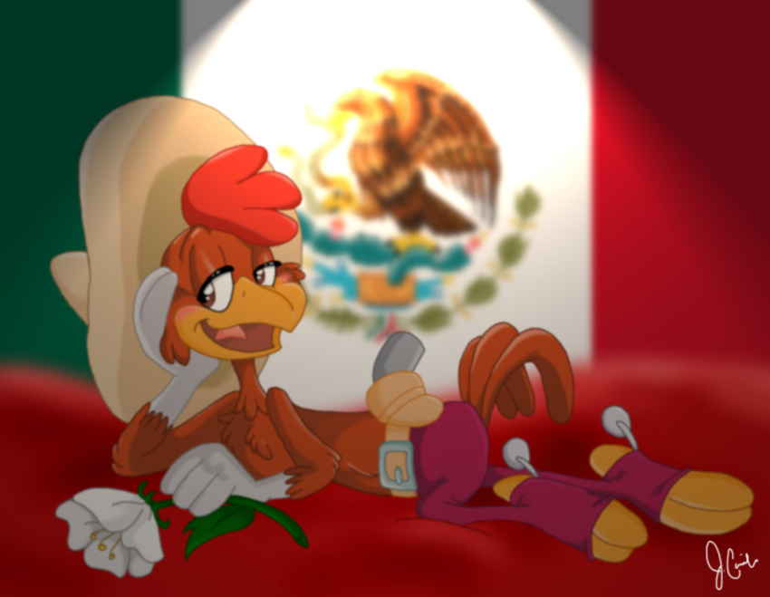 absurd_res anthro avian bird blush chicken clothing disney flag galliform gallus_(genus) hat headgear headwear hi_res lying male mexico panchito_pistoles pandajenn phasianid rose_(disambiguation) smile the_three_caballeros