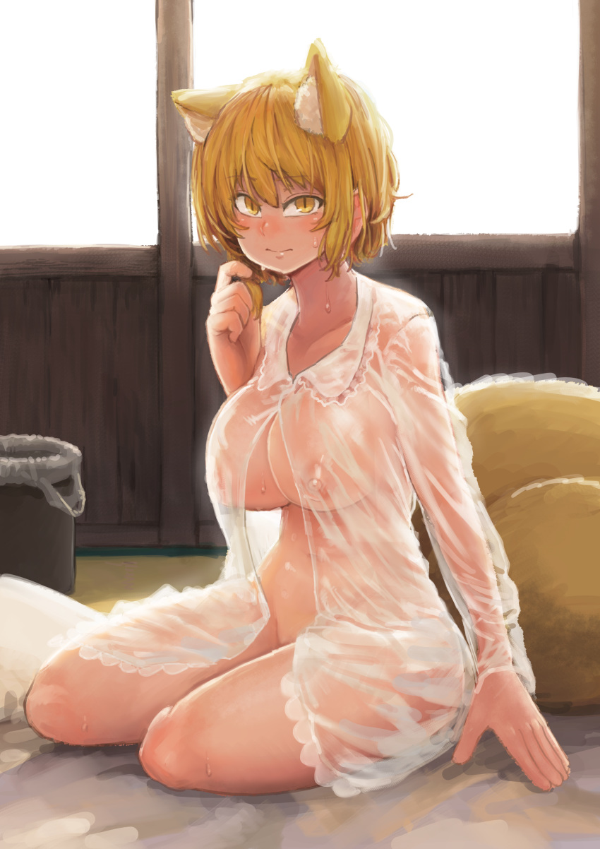 1girl absurdres animal_ear_fluff animal_ears bangs blonde_hair blush breasts chanta_(ayatakaoisii) commentary extra_ears eyebrows_visible_through_hair fox_ears fox_tail hair_tousle highres indoors large_breasts long_sleeves looking_at_viewer multiple_tails nipples see-through short_hair sitting slit_pupils solo sweat tail touhou yakumo_ran yellow_eyes yokozuwari