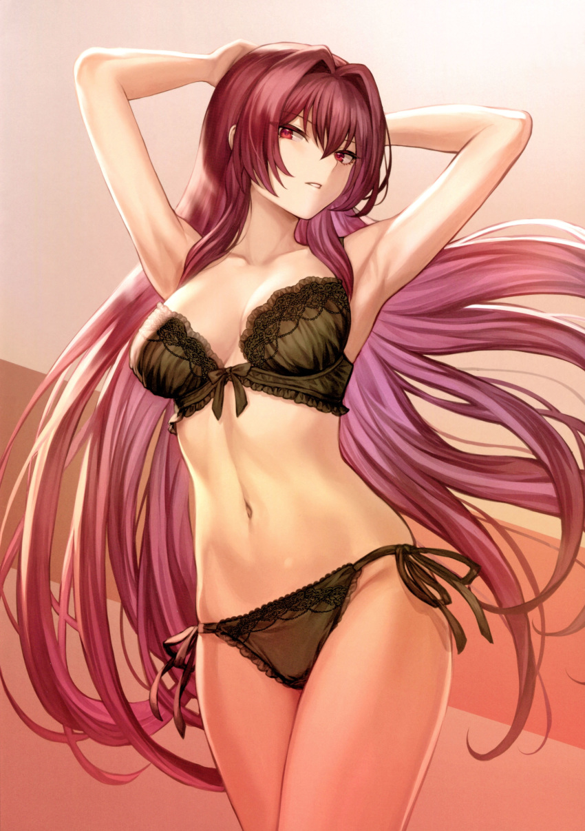 1girl absurdres arms_up bangs bare_shoulders black_bra black_panties bra breasts cleavage collarbone cowboy_shot eyebrows_visible_through_hair fate/grand_order fate_(series) gradient gradient_background groin hair_intakes highres large_breasts lingerie long_hair looking_at_viewer mashuu_(neko_no_oyashiro) navel panties parted_lips purple_hair red_eyes ribbon-trimmed_bra scan scathach_(fate)_(all) scathach_(fate/grand_order) side-tie_panties sidelocks signature skindentation solo stomach thighs tsurime twitter_username underwear underwear_only
