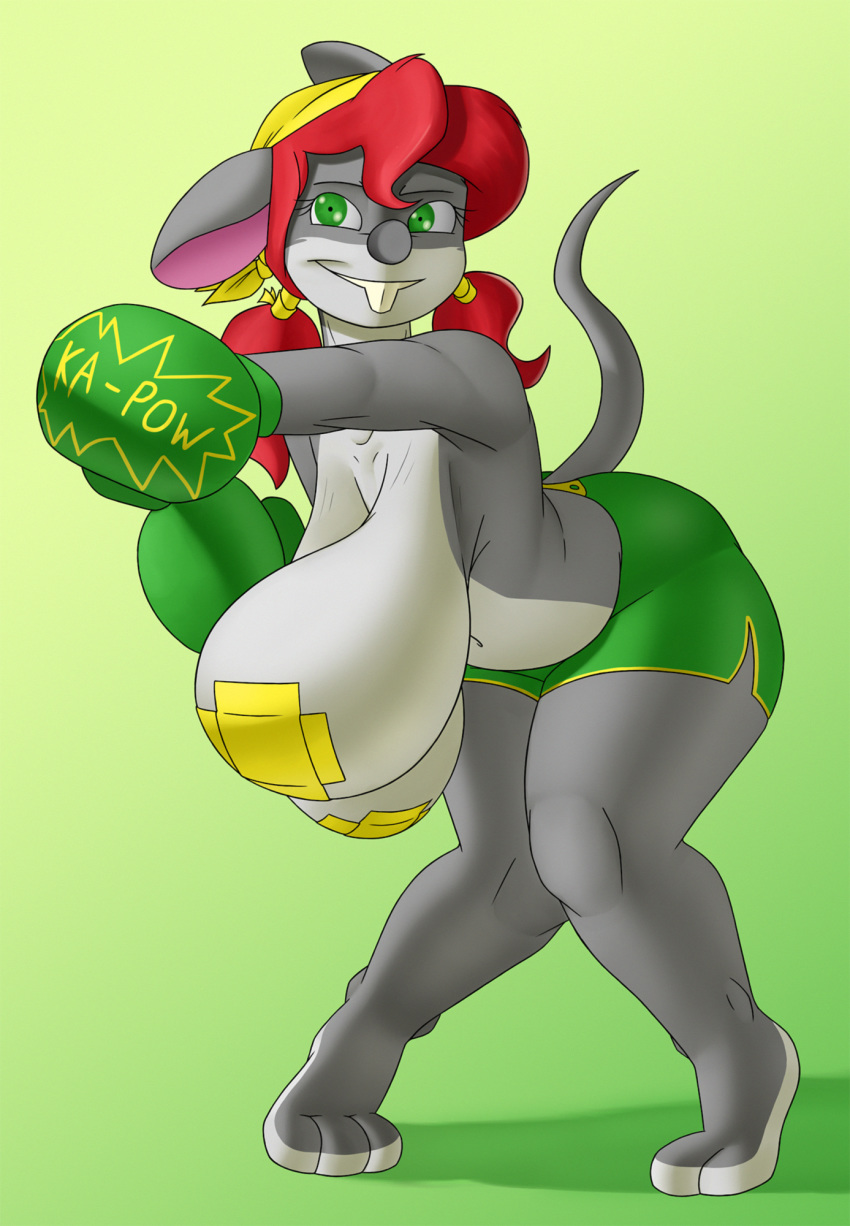 2019 anthro bandanna big_breasts bottomwear breasts buckteeth clothed clothing creatiffy digital_media_(artwork) eyelashes female fur geronimo_stilton_(series) gloves green_eyes grey_fur hair handwear hi_res huge_breasts looking_at_viewer mammal mouse murid murine navel nipple_tape pasties red_hair rodent sag sagging_breasts saggy shorts simple_background smile solo tape teeth thea_sisters thick_thighs under_boob white_fur wide_hips