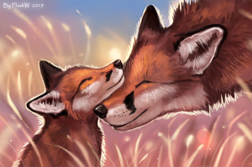 2019 ambiguous_gender black_nose canid canine day detailed_background digital_media_(artwork) duo eyes_closed feral flashw fox grass mammal nuzzling outside smile young