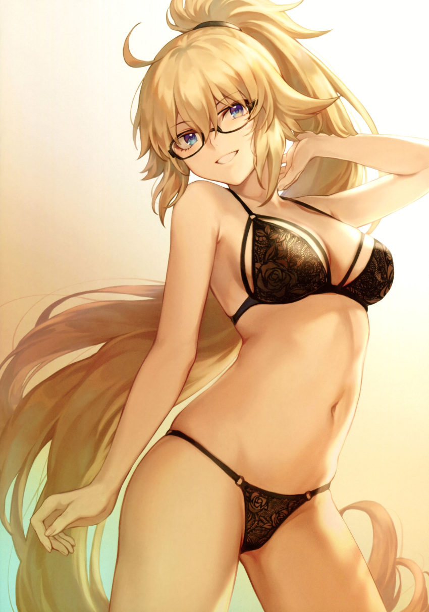 1girl absurdres arm_up bangs bare_shoulders bespectacled black-framed_eyewear blonde_hair blue_eyes blush bra breasts cleavage closed_mouth collarbone eyebrows_visible_through_hair fate/grand_order fate_(series) floral_print glasses gradient gradient_background grin hair_between_eyes hand_up highleg highleg_panties highres jacket jeanne_d'arc_(fate)_(all) jeanne_d'arc_(swimsuit_archer) lace lace-trimmed_bra lace-trimmed_panties large_breasts lingerie long_hair long_sleeves looking_at_viewer mashuu_(neko_no_oyashiro) navel open_mouth panties ponytail scan simple_background skindentation smile solo standing string_bra string_panties thighs underwear underwear_only very_long_hair