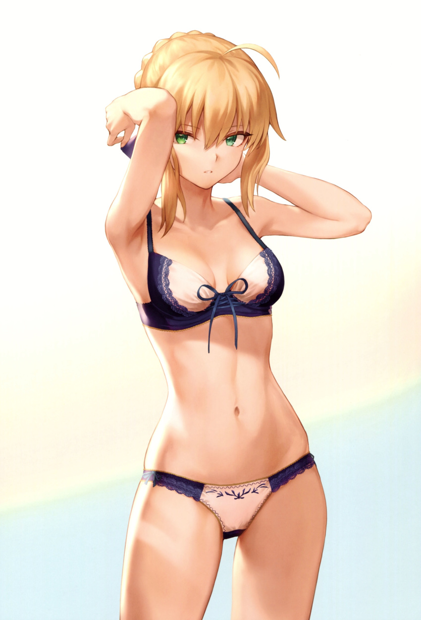 1girl absurdres ahoge aqua_eyes armpits arms_behind_head arms_up artoria_pendragon_(all) bangs bare_shoulders blonde_hair blue_bra blue_ribbon bow bra braid breasts collarbone cowboy_shot crown_braid fate/stay_night fate_(series) gradient gradient_background green_eyes hair_between_eyes hair_bun hair_ribbon heterochromia highres lace lace-trimmed_bra lace-trimmed_panties lingerie looking_at_viewer mashuu_(neko_no_oyashiro) medium_breasts navel open_mouth panties parted_lips ribbon ribbon-trimmed_bra saber scan sidelocks signature solo stomach thighs twitter_username underwear underwear_only