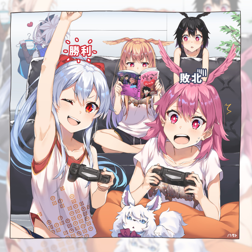 5girls ;d arm_up armpits astolfo_(fate) black_hair blonde_hair blush book bow boyshorts clothes_hanger collarbone competition_swimsuit couch cushion eyebrows_visible_through_hair fate/grand_order fate_(series) fou_(fate/grand_order) fujimaru_ritsuka_(male) game_console hair_bow head_wings highres hildr_(fate/grand_order) indian_style long_hair miyamoto_musashi_(fate/grand_order) multiple_girls one-piece_swimsuit one_eye_closed open_mouth ortlinde_(fate/grand_order) pink_eyes pink_hair playing_games playstation_4 playstation_controller ponytail reading red_eyes shirt short_hair silver_hair sitting smile sweatdrop swimsuit t-shirt tank_top thrud_(fate/grand_order) tomoe_gozen_(fate/grand_order) tsukino_(nakajimaseiki) valkyrie_(fate/grand_order)