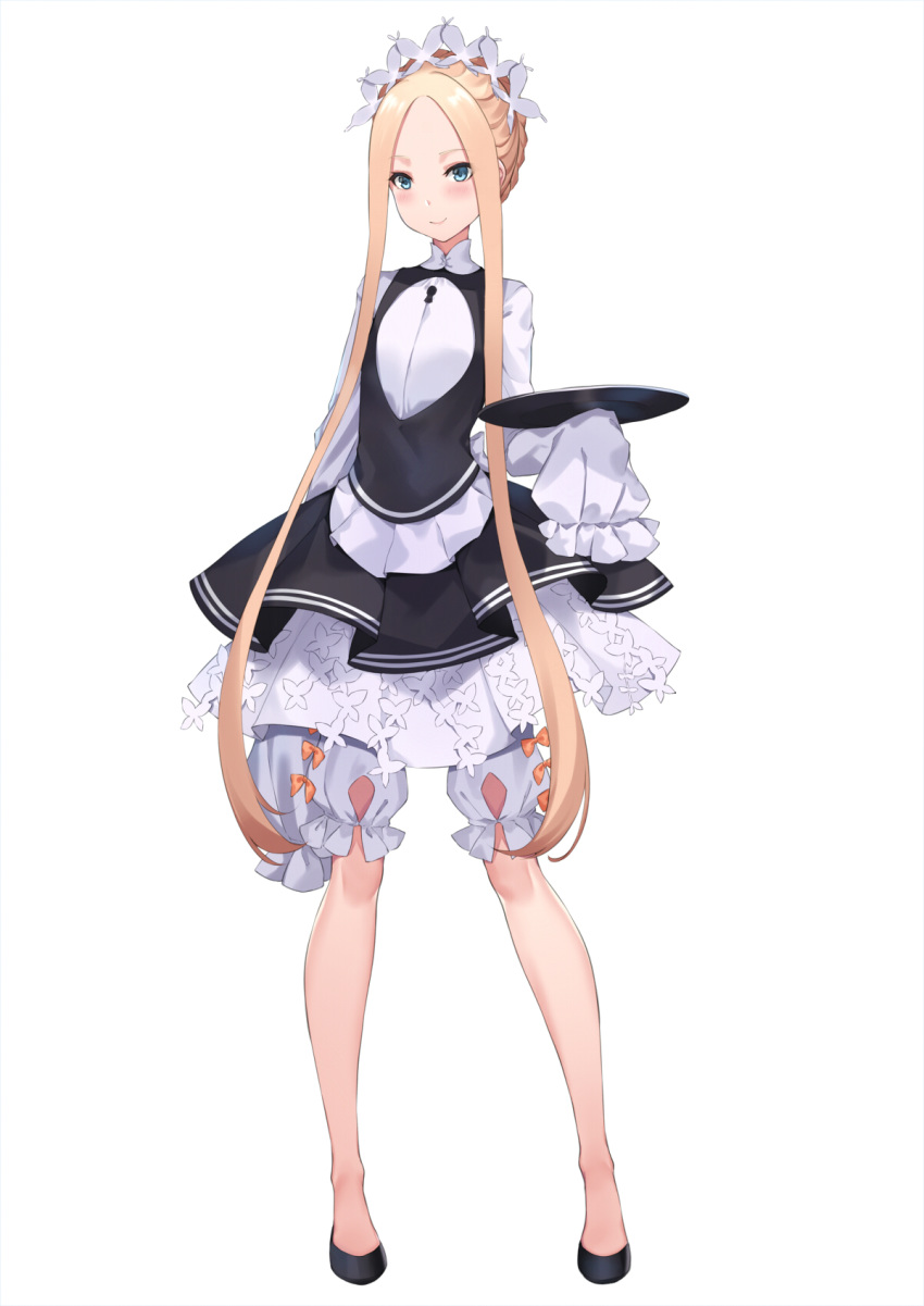 1girl abigail_williams_(fate/grand_order) arm_at_side bangs black_dress black_footwear blonde_hair bloomers blue_eyes blush bow braid butterfly_hair_ornament closed_mouth commentary_request dress eyebrows_visible_through_hair fate/grand_order fate_(series) forehead full_body hair_ornament heroic_spirit_festival_outfit highres holding holding_tray keyhole long_hair long_sleeves orange_bow pak_ce parted_bangs shirt shoes sidelocks simple_background sleeveless sleeveless_dress sleeves_past_fingers sleeves_past_wrists smile solo standing tray underwear very_long_hair white_background white_bloomers white_shirt