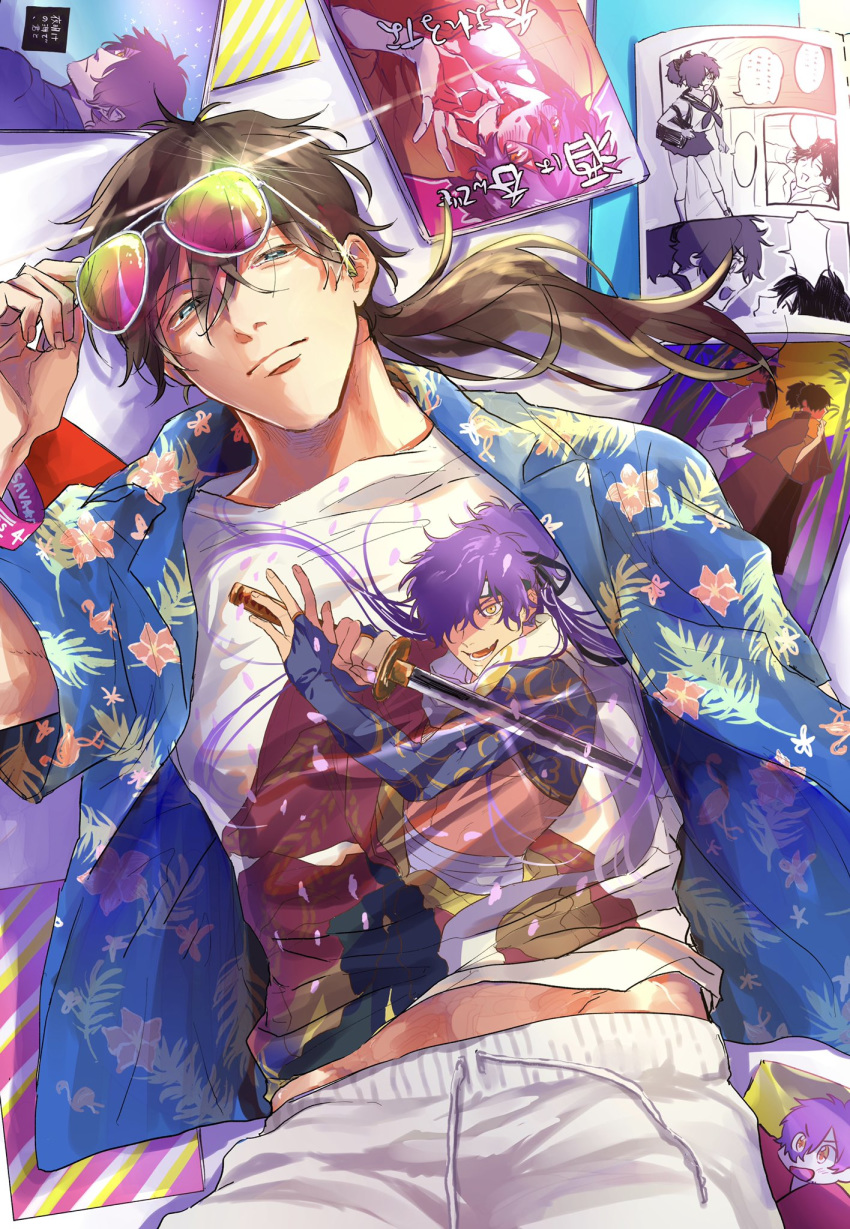 1boy aviator_sunglasses blue_eyes brown_hair character_print closed_mouth fate/grand_order fate_(series) fudanshi hawaiian_shirt highres implied_yaoi koha-ace long_hair looking_at_viewer lying male_focus manga_(object) okada_izou_(fate) on_back on_bed sakamoto_ryouma_(fate) shirt shorts solo sunglasses t-shirt white_shorts wristband