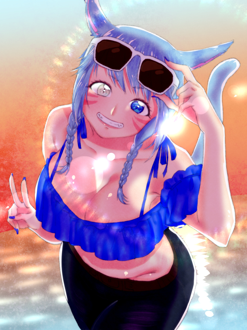 1girl adjusting_eyewear animal_ears bangs bare_shoulders bikini_top black_pants blue_bikini_top blue_eyes blue_nails braid breasts cat_ears cat_girl cat_tail cleavage collarbone eyebrows_visible_through_hair eyewear_on_head facial_mark fang final_fantasy final_fantasy_xiv from_above grin groin highres hinapi large_breasts lens_flare long_hair looking_at_viewer miqo'te pants slit_pupils smile solo sunglasses tail tail_raised teeth twin_braids v water