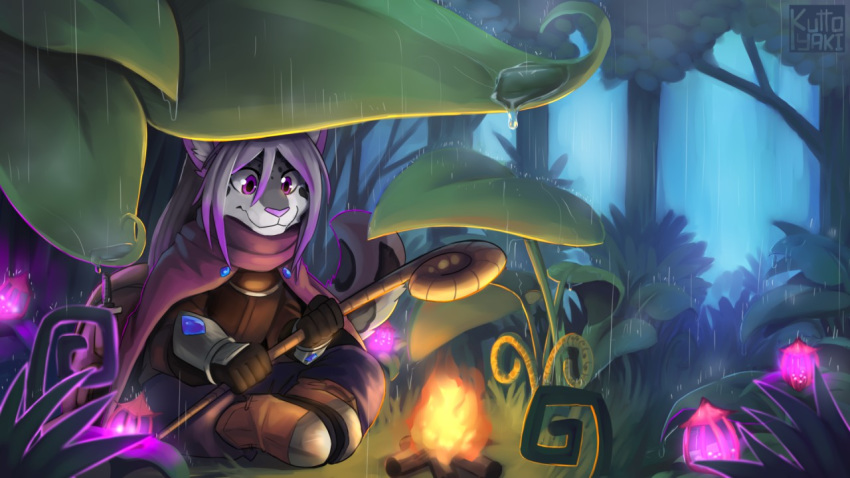 16:9 2019 ambiguous_gender anthro armor backpack boots campfire cloak clothed clothing detailed detailed_background digital_media_(artwork) felid foliage footwear forest fur hair hair_highlights holding_object kinniro magic_user mammal markings nature outside pantherine purple_eyes purple_highlights purple_markings purple_nose raining reyathae sitting snow_leopard solo staff tree white_fur white_hair