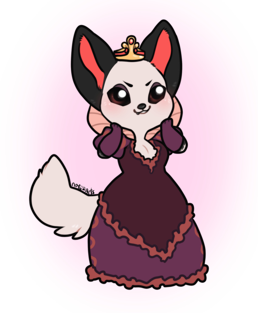 anthro breasts canid canine chibi cleavage clothed clothing crown cute_fangs dress elizabethan_collar female fox fur gloves hands_on_cheeks handwear hi_res mammal nakhta noyii queen royalty smile solo white_fur