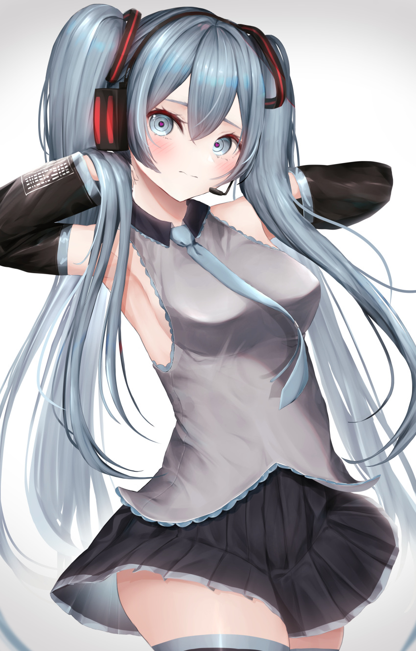 1girl absurdres aqua_eyes aqua_hair aqua_neckwear armpit_peek bangs black_skirt blush breasts buttons closed_mouth collared_shirt commentary cowboy_shot detached_sleeves gradient gradient_background grey_background hair_between_eyes hatsune_miku headphones headset heart heart-shaped_pupils highres huge_filesize long_hair looking_at_viewer medium_breasts necktie pleated_skirt shirt sidelocks skirt solo standing symbol-shaped_pupils twintails user_yexh7882 very_long_hair vest vocaloid