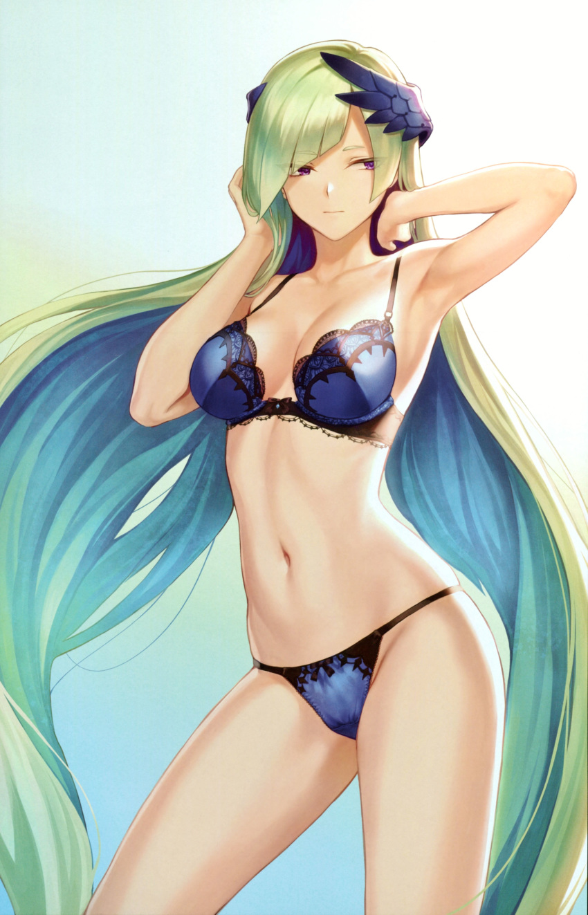 1girl absurdres armpits arms_behind_head arms_up bangs bare_shoulders blue_bra blue_panties blush bra breasts brynhildr_(fate) cleavage closed_mouth collarbone fate/prototype fate/prototype:_fragments_of_blue_and_silver fate_(series) gradient gradient_background hair_ornament hair_over_one_eye hands_in_hair highres lace lace-trimmed_bra lingerie long_hair looking_to_the_side mashuu_(neko_no_oyashiro) medium_breasts navel neck panties purple_eyes scan silver_hair solo swept_bangs thighs underwear very_long_hair