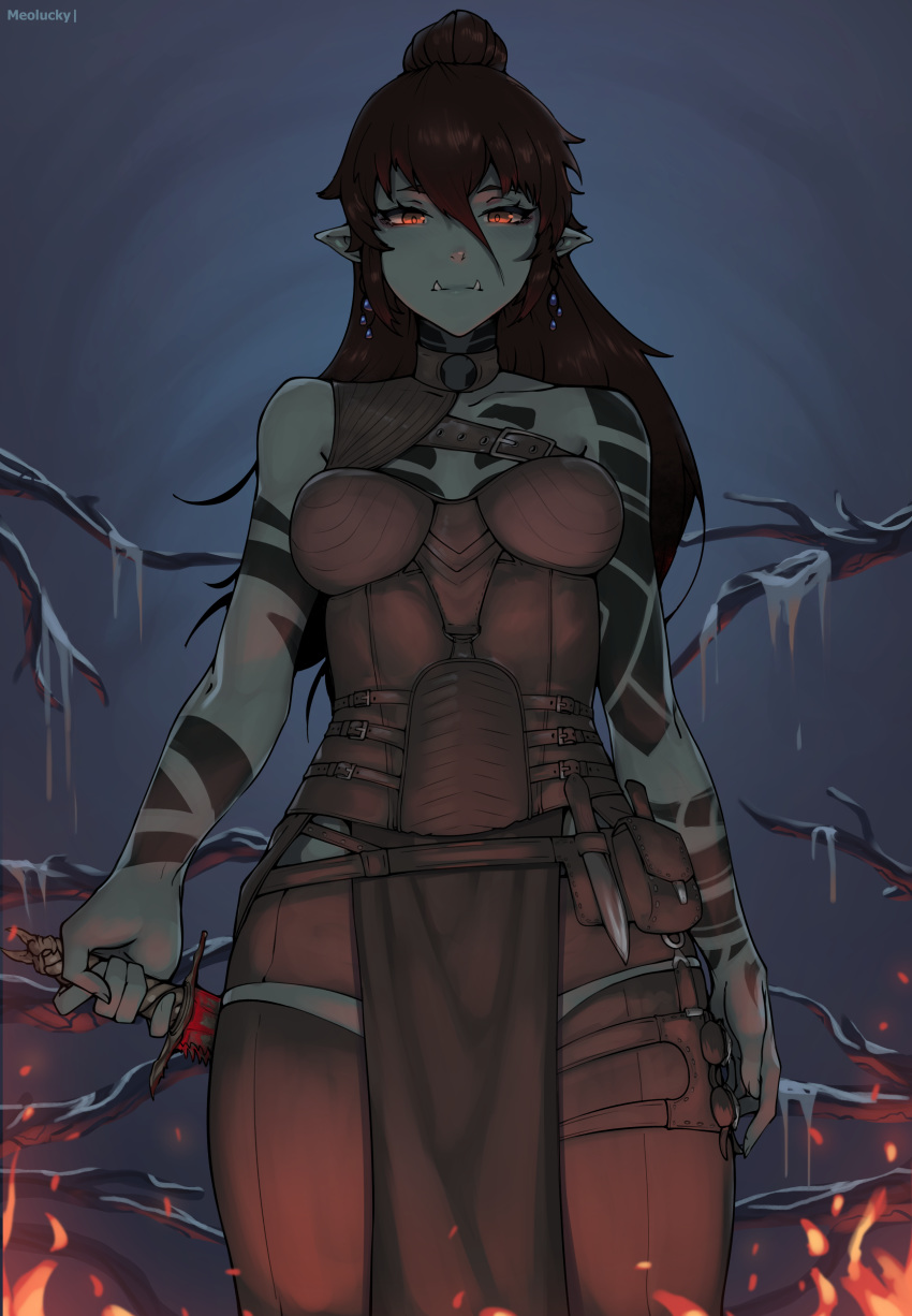 1girl absurdres bangs bare_arms belt blood bloody_weapon branch breasts brown_hair collarbone commentary commission cowboy_shot earrings english_commentary fangs fangs_out female_orc fire green_skin hair_between_eyes highres jewelry knife leather_armor long_hair looking_at_viewer medium_breasts original ovosh147 pelvic_curtain pointy_ears ponytail pouch red_eyes solo tattoo weapon