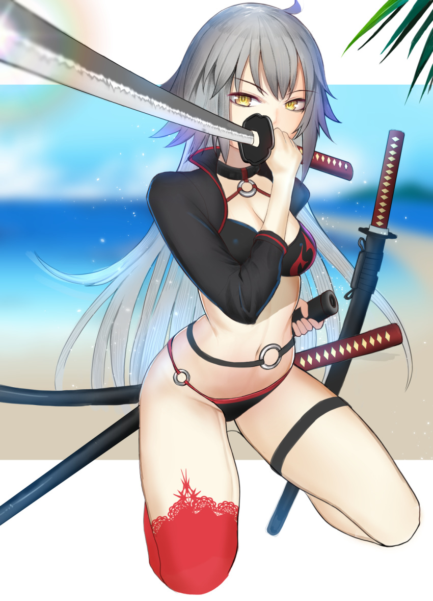 1girl asymmetrical_legwear bangs beach bikini black_bikini black_sleeves blurry blurry_background eyebrows_visible_through_hair fate/grand_order fate_(series) full_body gatchan highres holding holding_sword holding_weapon jeanne_d'arc_(alter_swimsuit_berserker) jeanne_d'arc_(fate)_(all) kneeling long_hair long_sleeves looking_at_viewer o-ring o-ring_bikini print_bikini_top red_legwear sheath shrug_(clothing) silver_hair single_thighhigh solo swimsuit sword thigh_strap thighhighs thighs unsheathed very_long_hair weapon yellow_eyes