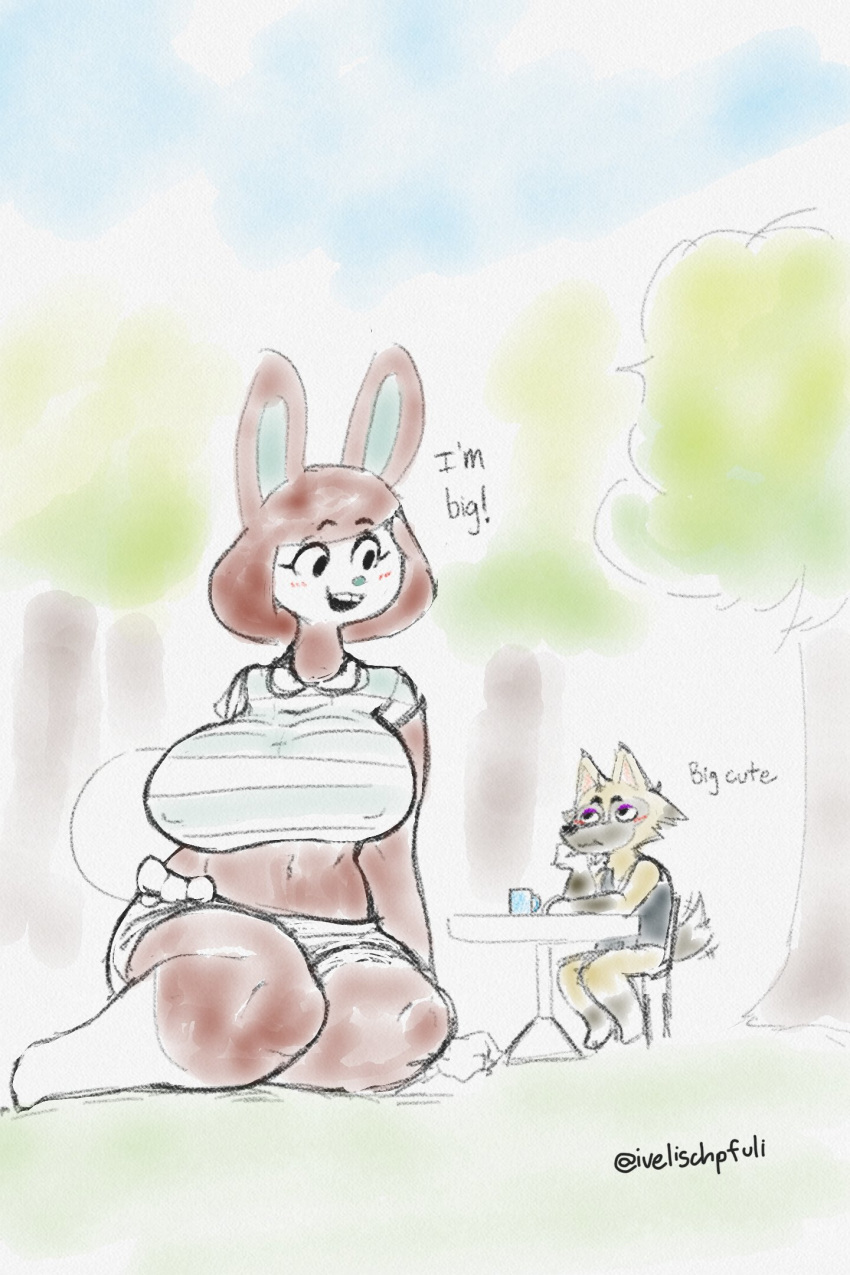 animal_crossing anthro blush breasts canid canine canis carmen_(animal_crossing) clothed clothing duo female fur hair hi_res ivelischpfuli kyle_(animal_crossing) lagomorph larger_female leporid macro male mammal nintendo open_mouth rabbit simple_background size_difference tailwag teeth video_games wolf