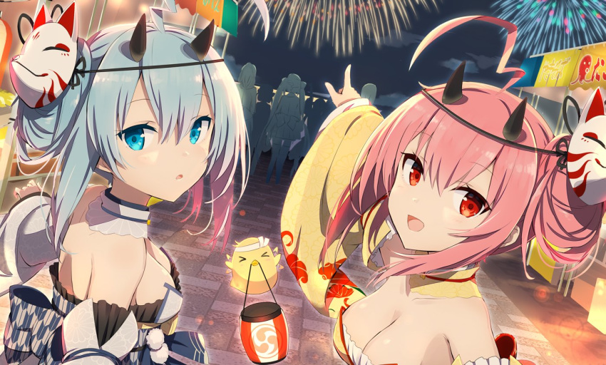 2girls ahoge azur_lane bangs bare_shoulders blue_eyes blue_hair breasts gochou_(atemonai_heya) hair_ornament horns ikazuchi_(azur_lane) inazuma_(azur_lane) long_hair long_sleeves multiple_girls official_art oni_horns pink_hair red_eyes