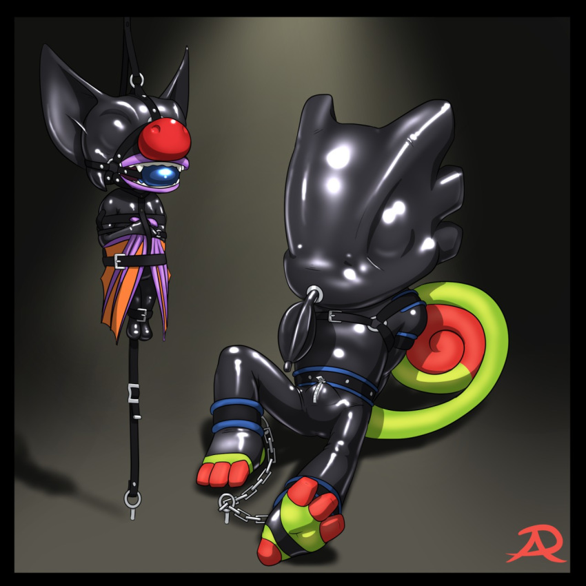 1:1 anthro ball_gag bdsm bondage bound bulge chain chameleon chiropteran duo erection female gag hi_res laylee lizard male mammal mask playtonic_games radasus reptile rubber scalie simple_background strapped straps submissive teeth video_games wings yooka yooka-laylee zipper