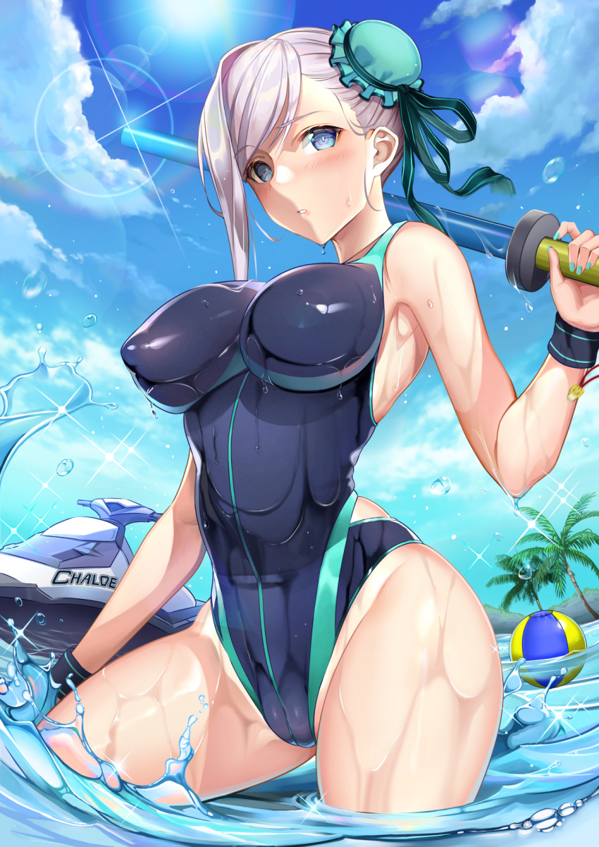 1girl aqua_swimsuit ball beachball blue_eyes blue_sky blue_swimsuit blush breasts cloud competition_swimsuit covered_nipples day eyebrows_visible_through_hair fate/grand_order fate_(series) groin hair_bun highres holding holding_weapon impossible_clothes impossible_swimsuit jet_ski looking_at_viewer miyamoto_musashi_(fate/grand_order) miyamoto_musashi_(swimsuit_berserker)_(fate) multicolored multicolored_clothes multicolored_swimsuit one-piece_swimsuit outdoors palm_tree parted_lips purple_hair rangsiwut_sangwatsharakul sky solo swimsuit toy_sword tree two-tone_swimsuit wading weapon wristband