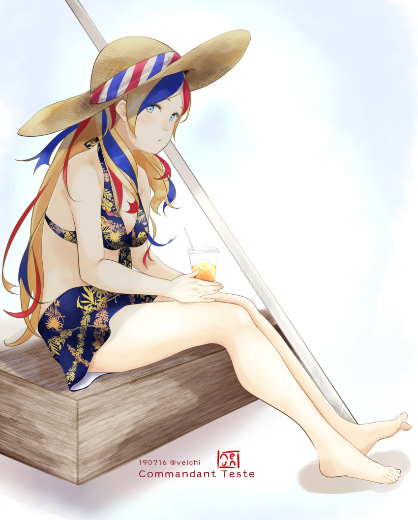 1girl absurdres alternate_costume bangs bare_arms bare_legs barefoot blonde_hair blue_eyes blue_hair blue_sky character_name closed_mouth cloud cloudy_sky commandant_teste_(kantai_collection) commentary_request cup dated front-tie_top hat hat_ribbon highres holding holding_cup kantai_collection long_hair multicolored multicolored_hair pole red_hair ribbon sitting sitting_on_object skirt sky solo straw_hat streaked_hair swept_bangs swimsuit thighs twitter_username velchi wavy_hair white_hair