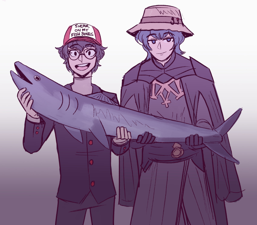 2boys absurdres amamiya_ren baseball_cap black_eyes black_gloves black_hair blue_eyes blue_hair byleth_(fire_emblem) byleth_(fire_emblem)_(male) cape clothes_writing commentary cowboy_shot crossover english_text fire_emblem fire_emblem:_three_houses fish fishing fishing_hook glasses gloves gradient gradient_background hat highres holding holding_fish looking_at_viewer male_focus multiple_boys persona persona_5 round_teeth scruffyturtles shuujin_academy_uniform smile teeth