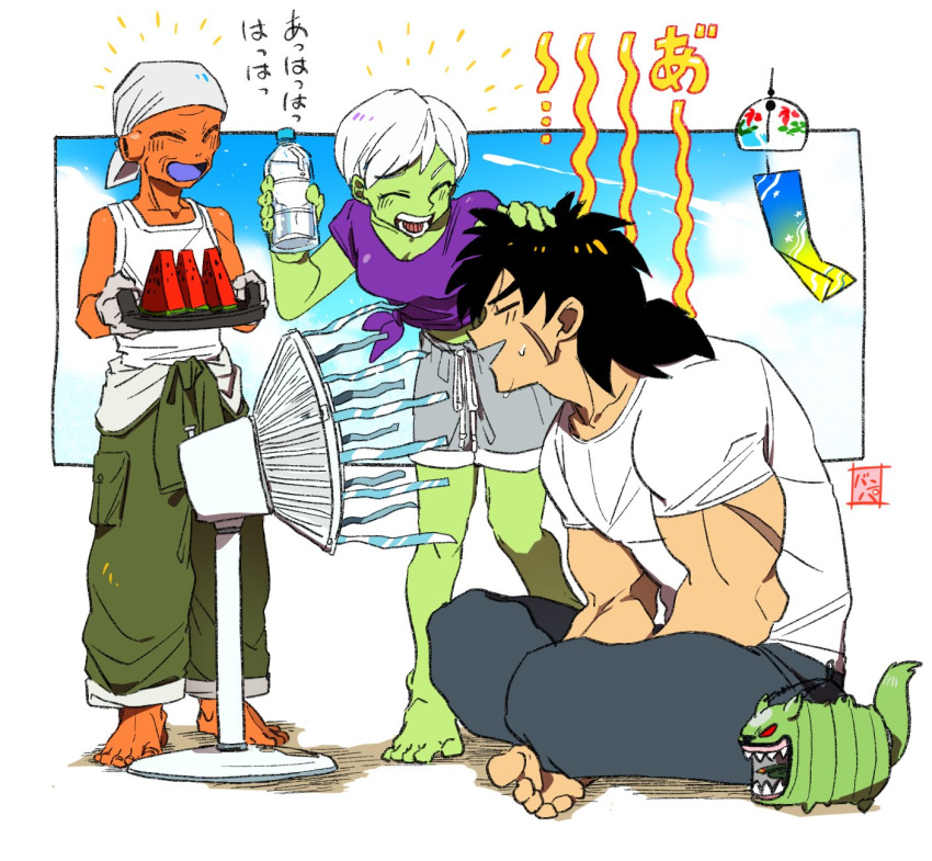 &gt;_&lt; +++ 1girl 2boys :d ^_^ bah_(dragon_ball) bandana bare_legs barefoot black_hair blue_sky blush bottle broly_(dragon_ball_super) cheelai closed_eyes cloud cloudy_sky commentary_request crossed_legs day dragon_ball dragon_ball_super_broly electric_fan fan fanning_face food fruit full_body gloves green_pants green_skin grey_shorts hand_on_another's_head highres holding holding_bottle holding_tray leaning lemo_(dragon_ball) midriff multiple_boys objectification open_mouth orange_skin pants profile purple_shirt sakaikurinea shirt short_hair shorts simple_background sitting sky sleeveless sleeveless_shirt smile standing streamers summer sweat sweatdrop sweatpants teeth tied_shirt tongue translation_request tray water_bottle watermelon white_background white_hair white_shirt wind_chime