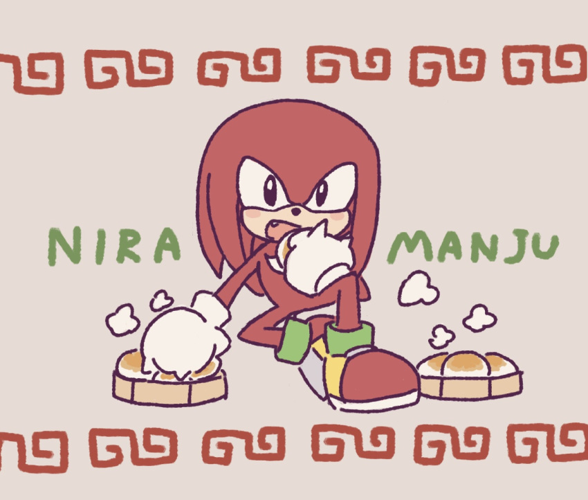 anthro black_eyes buke3jp clothing dumpling eating echidna food footwear fur gloves handwear holding_food holding_object knuckles_the_echidna male mammal monotreme open_mouth red_fur shoes simple_background sitting solo sonic_(series) steam text