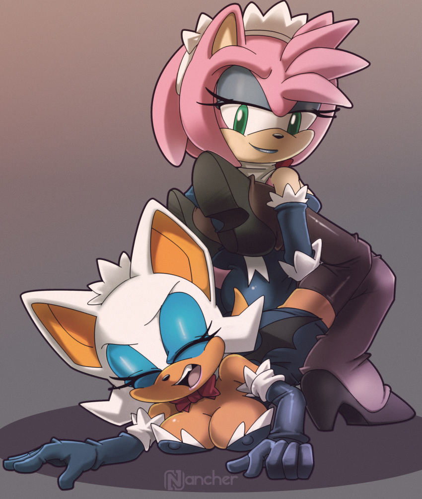 amy_rose breast_squish breasts chiropteran cleavage clothed clothing eulipotyphlan female footwear gloves handwear hedgehog hi_res high_heels legwear maid_uniform mammal nancher nipple_outline rouge_the_bat shoes simple_background smile sonic_(series) squish stockings uniform wrestling