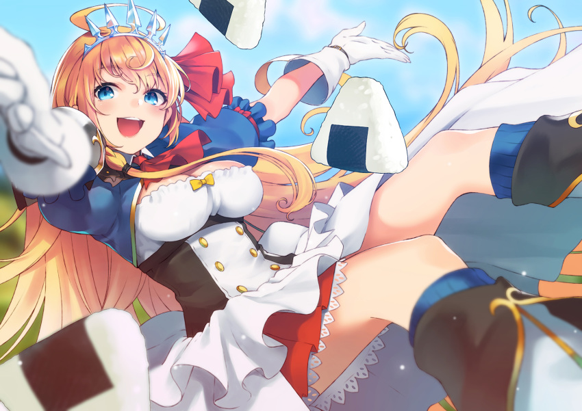 1girl :d ahoge ascot blue_eyes blue_legwear blue_sky blurry boots breasts cleavage commentary_request day depth_of_field dress dutch_angle food foreshortening gloves highres kneehighs long_hair looking_at_viewer medium_breasts onigiri open_mouth orange_hair outstretched_arms pecorine princess_connect! princess_connect!_re:dive retsuna short_sleeves sitting sky smile solo tiara very_long_hair white_gloves wing_collar