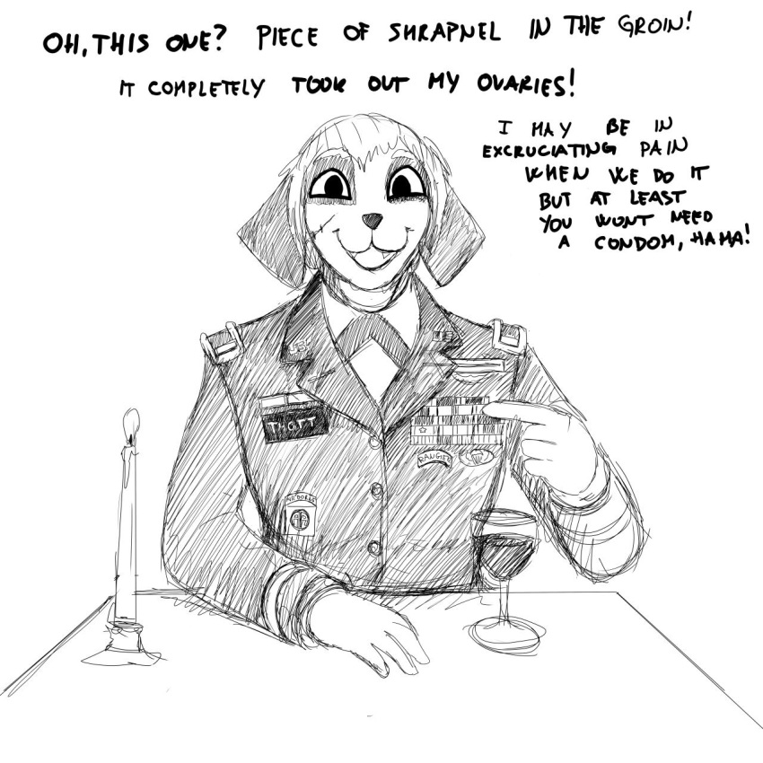 1:1 2019 anthro beverage clothed clothing dating_sim dialogue english_text female hi_res hladilnik looking_at_viewer military monochrome open_mouth samantha_thott scar smile text uniform