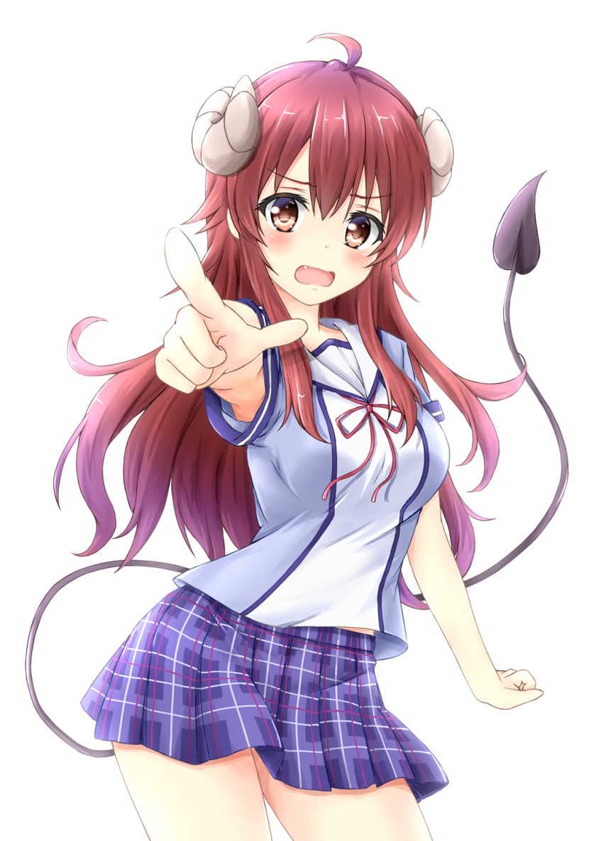 1girl ahoge blue_eyes blush breasts brown_hair demon_girl demon_horns demon_tail eyebrows_visible_through_hair fang highres horns large_breasts long_hair looking_at_viewer machikado_mazoku open_mouth school_uniform shiny shiny_hair shiny_skin simple_background skirt solo tail tear_u tongue white_background yoshida_yuuko_(machikado_mazoku)