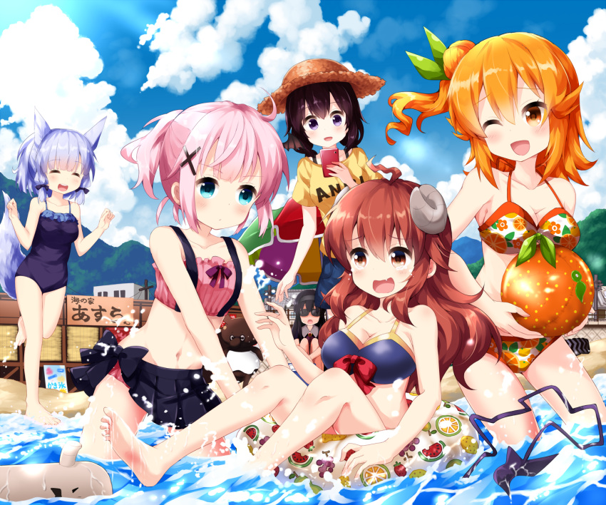 6+girls :d ^_^ ahoge animal_ears ball bangs bare_arms bare_legs bare_shoulders barefoot beach beachball bikini black_hair black_hairband black_skirt black_swimsuit blue_bikini blue_eyes blue_hair blue_shorts blue_sky blush breasts brown_eyes brown_hair casual_one-piece_swimsuit cellphone character_request chiyoda_momo cleavage closed_eyes closed_mouth cloud cloudy_sky collarbone commentary_request day demon_girl demon_horns demon_tail eyebrows_visible_through_hair fang floral_print frilled_swimsuit frills green_ribbon hair_between_eyes hair_bun hair_ornament hair_ribbon hairband highres hinatsuki_mikan holding holding_ball holding_cellphone holding_phone horns innertube leg_hug long_hair machikado_mazoku medium_breasts multiple_girls one-piece_swimsuit open_mouth orange_eyes orange_hair outdoors phone pink_bikini ponytail print_bikini purple_eyes ribbon round_teeth ruu_(tksymkw) sand shirt short_shorts shorts side_bun side_ponytail sign sitting skirt sky small_breasts smile soles standing standing_on_one_leg sunglasses swimsuit tail tail_raised tears teeth translation_request upper_teeth very_long_hair wading water white_bikini x_hair_ornament yellow_shirt yoshida_seiko yoshida_yuuko_(machikado_mazoku)