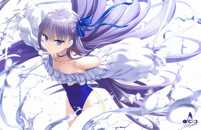 1girl bangs bare_shoulders blue_eyes blurry choker collarbone depth_of_field fate/grand_order fate_(series) highres infinote long_hair long_sleeves looking_at_viewer meltryllis meltryllis_(swimsuit_lancer)_(fate) outstretched_arms purple_hair signature sleeves_past_fingers sleeves_past_wrists smile solo splashing spread_arms swimsuit very_long_hair