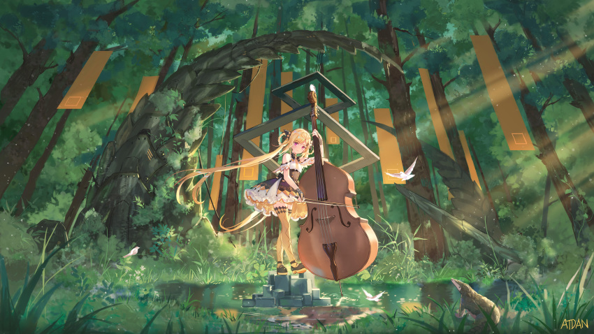 1girl absurdres animal anteater artist_name atdan bare_shoulders blonde_hair bow_(instrument) braid brown_dress brown_legwear cello commentary day dress fantasy floating_hair forest hair_rings highres holding holding_instrument instrument light_rays long_hair looking_at_viewer nature original pink_eyes scenery shoes solo sunbeam sunlight thighhighs tree twintails very_long_hair water wide_shot zettai_ryouiki