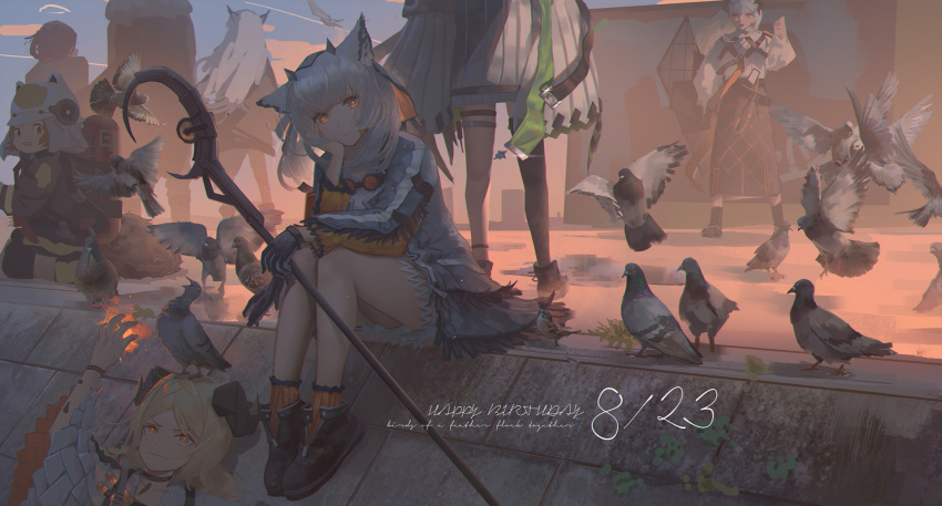 6+girls animal_ears arknights armband bangs bird black_choker blonde_hair boots breasts brown_eyes choker cloak closed_mouth coat collarbone curled_horns dated day dress elite_ii_(arknights) exusiai_(arknights) eyebrows_visible_through_hair fire full_body gloves grey_hair hair_between_eyes hand_on_own_cheek head_tilt highres hinoborukaku holding holding_staff horns ifrit_(arknights) jacket kaitsit_(arknights) lappland_(arknights) long_hair long_sleeves looking_at_viewer low_twintails lying multiple_girls on_back open_clothes orange_eyes outdoors owl_ears pigeon projekt_red_(arknights) ptilopsis_(arknights) saria_(arknights) short_twintails silent_(arknights) sitting smile staff twintails white_dress yellow_eyes