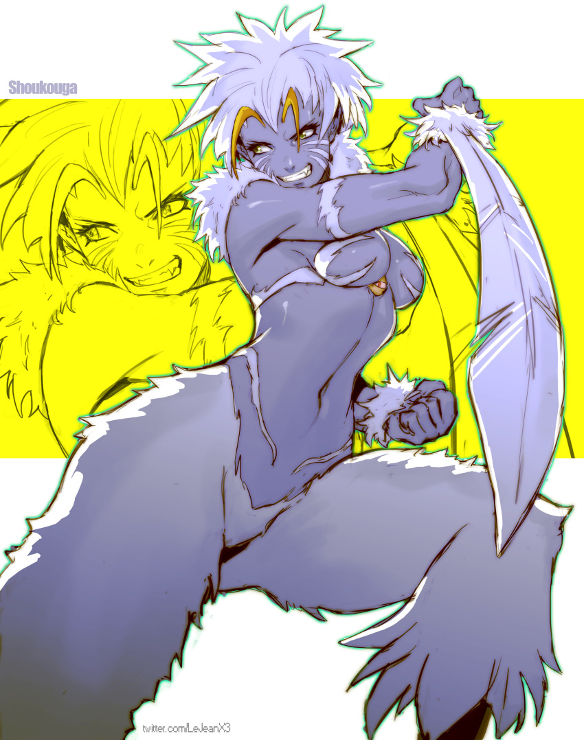 1girl absurdres blue_hair breasts commentary commission commissioner_upload copyright_request feathers furry highres long_hair looking_at_viewer navel rejean_dubois smile solo yellow_eyes