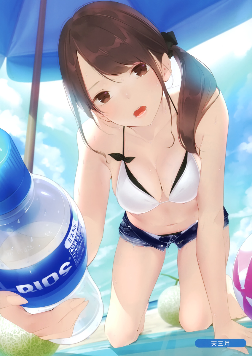 1girl :o absurdres all_fours ama_mitsuki ball bare_arms bare_shoulders beach_mat beach_umbrella beachball bikini blue_sky bottle breasts brown_eyes brown_hair cleavage cloud day food foreshortening fruit hair_ornament hair_scrunchie head_tilt highres holding holding_bottle long_hair looking_at_viewer medium_breasts melonbooks navel open_fly open_mouth outdoors scan scrunchie shade short_shorts shorts side_ponytail sky solo stomach sunlight swimsuit umbrella water_bottle wet white_bikini