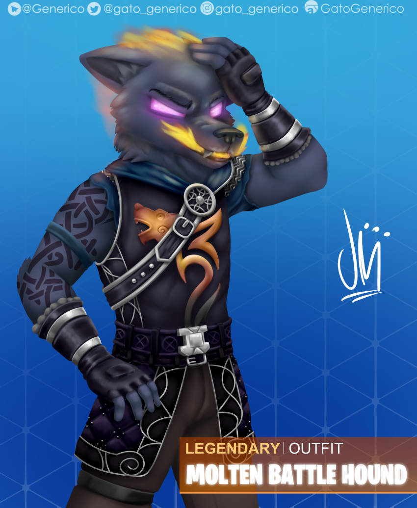 2019 absurd_res anthro armor black_fur canid canine clothed clothing digital_media_(artwork) epic_games fire fortnite fur gatogenerico gloves growling handwear hi_res looking_at_viewer male mammal molten_battle_hound purple_eyes simple_background solo video_games