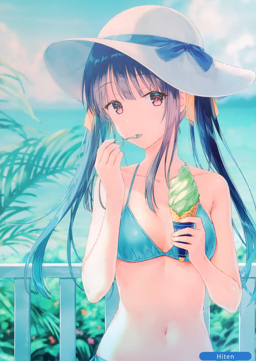 1girl absurdres bare_arms bare_shoulders bikini black_hair blue_bikini blurry breasts cleavage cloud cloudy_sky collarbone day depth_of_field eating fence food hair_ribbon hand_up hat hat_ribbon highres hiten_(hitenkei) holding holding_food holding_spoon horizon ice_cream long_hair looking_at_viewer medium_breasts melonbooks navel ocean outdoors pink_eyes plant ribbon scan side-tie_bikini sidelocks sky solo spoon stomach sun_hat swimsuit twintails white_headwear