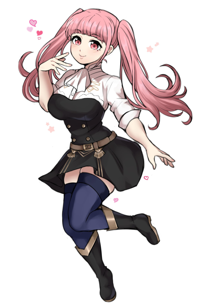 1girl absurdres belt blue_legwear closed_mouth fire_emblem fire_emblem:_three_houses full_body heart highres hilda_valentine_goneril jojonium_art long_hair pink_eyes pink_hair short_sleeves simple_background smile solo thighhighs twintails uniform white_background zettai_ryouiki