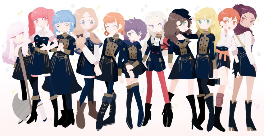 ahoge annette_fantine_dominique bangs belt bernadetta_von_varley blonde_hair blue_eyes blue_hair blunt_bangs blush boots bow braid breasts brown_hair cape capelet choker cleavage closed_mouth cravat dark_skin dorothea_arnault dress earrings edelgard_von_hresvelg epaulettes facial_mark fire_emblem fire_emblem:_three_houses gloves green_eyes grey_eyes hair_bow hair_ornament hair_ribbon hat highres hilda_valentine_goneril hood ingrid_brandol_galatea jacket jewelry long_hair long_sleeves looking_at_viewer low_ponytail lysithea_von_ordelia medium_breasts mercedes_von_marltritz multiple_girls open_mouth pantyhose petra_mcnairy pink_eyes pink_hair purple_eyes purple_hair red_cape ribbon shadow short_hair side_ponytail simple_background single_braid skirt smile thighhighs twintails uniform upper_body wavy_mouth white_hair