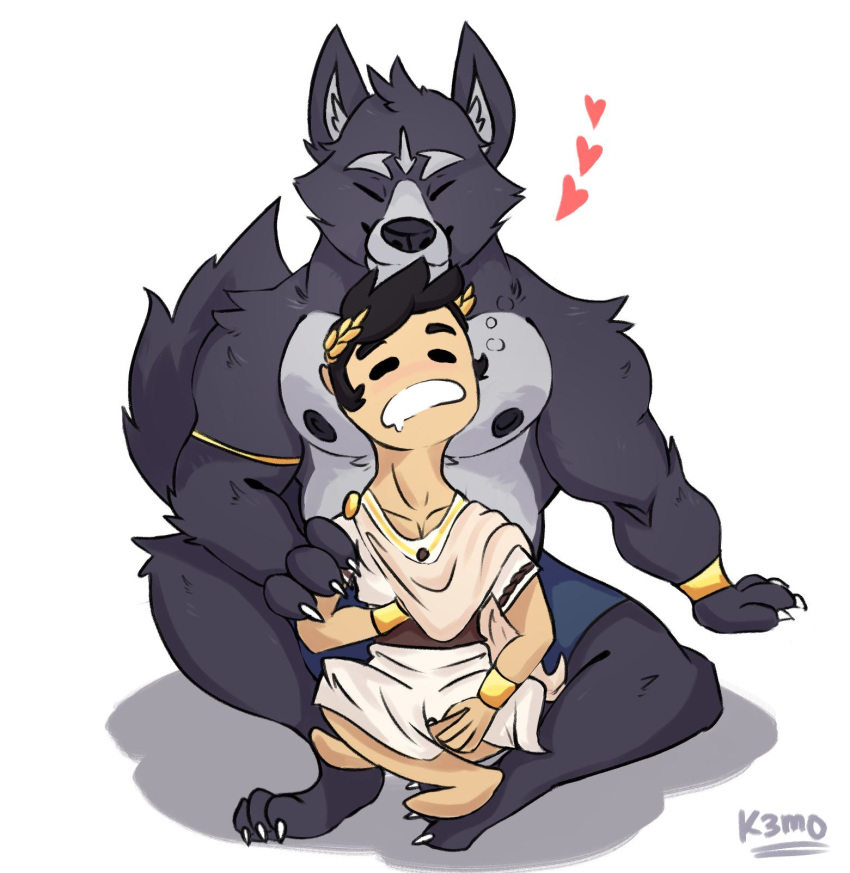 &lt;3 2019 adastra amicus_(adastra) black_fur blush brown_hair canid canine canis clothing cuddling duo eyes_closed fur hair hi_res human interspecies jewelry k3mo_no male male/male mammal marco_(adastra) musclegut muscular muscular_male roman romantic romantic_couple size_difference slightly_chubby wolf