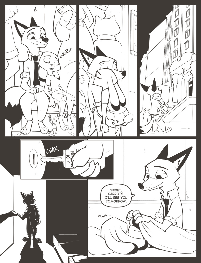 anthro bed black_and_white canid canine clothed clothing comic disney duo female fox hi_res judy_hopps lagomorph leporid male mammal mistermead monochrome mouse murid murine necktie nick_wilde rabbit rodent speech_bubble text zootopia