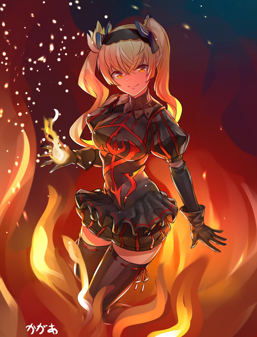 absurdres alternate_costume alternate_hairstyle arpeggio_kaga bangs black_gloves black_legwear blonde_hair bow breasts closed_mouth dark_skin elbow_gloves elf eyebrows_visible_through_hair fire gloves hair_between_eyes hair_bow hair_ornament highres holding_flame hololive long_hair looking_at_viewer medium_breasts miniskirt pointy_ears puffy_shorts shiranui_flare shorts signature skirt smile thighhighs twintails virtual_youtuber yellow_eyes