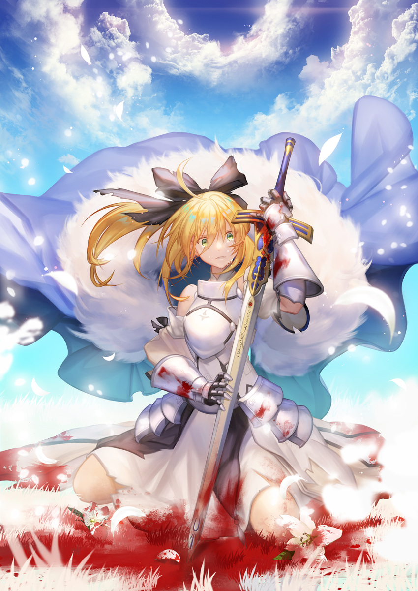 1girl ahoge armor armored_dress artoria_pendragon_(all) black_ribbon blonde_hair blood bloody_weapon blue_cape caliburn cape crying crying_with_eyes_open dress fate/grand_order fate_(series) flower gauntlets gloves green_eyes hair_ribbon highres lily_(flower) long_hair looking_at_viewer mt_(ringofive) pixiv_fate/grand_order_contest_2 ponytail ribbon saber saber_lily solo sword tears weapon